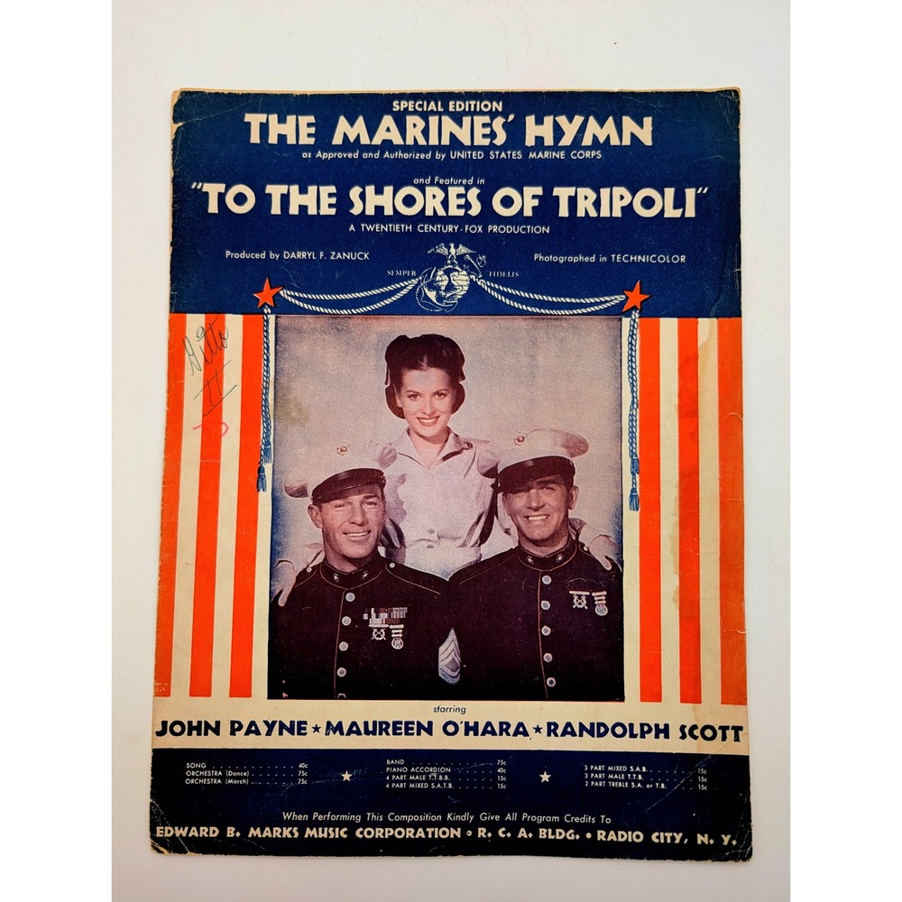 Vintage The Marines Hymn To the Shores of Tripoli Sheet Music 1942 WWII Movie